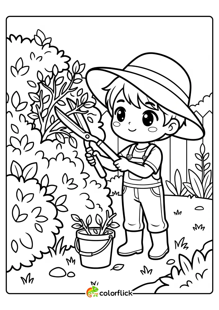 A young gardener wearing a sun hat using large pruning shears to trim a leafy hedge next to a bucket of clippings, free printable coloring sheet.
