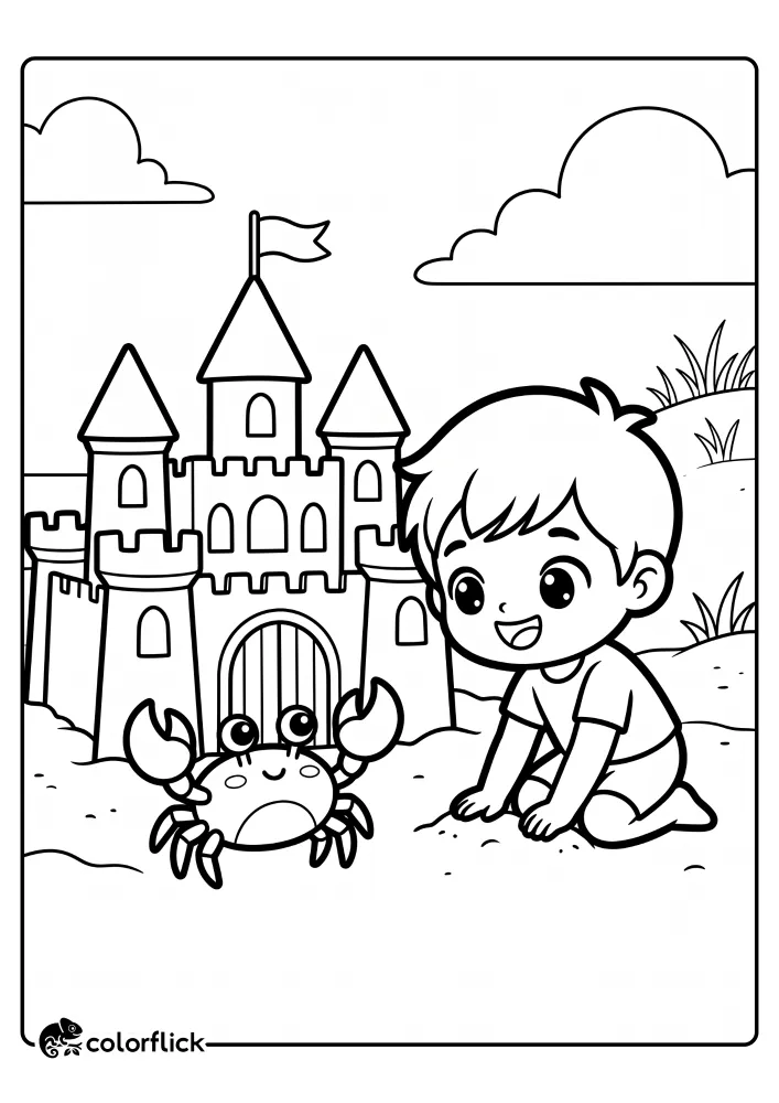 A printable coloring page for kids showing a happy young boy kneeling next to a detailed sandcastle, looking at a smiling crab on the beach with clouds and grass in the background.
