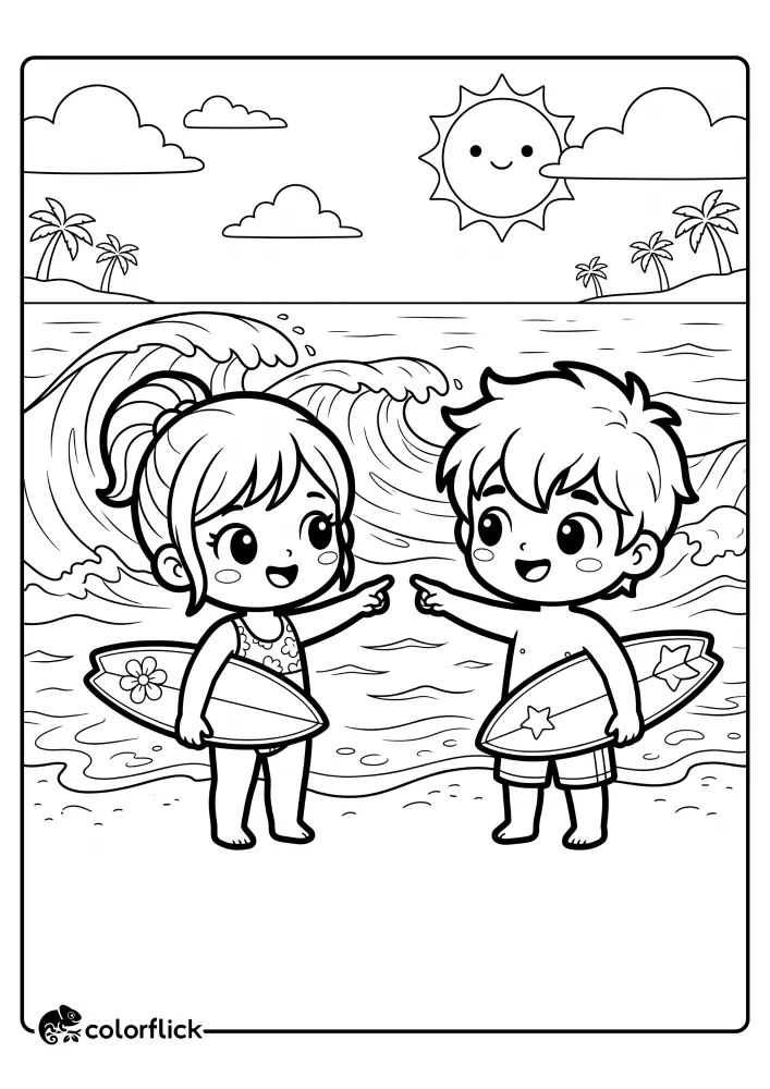 A young boy and girl standing on the beach holding their surfboards and pointing at the ocean waves under a smiling sun, free printable coloring sheet.