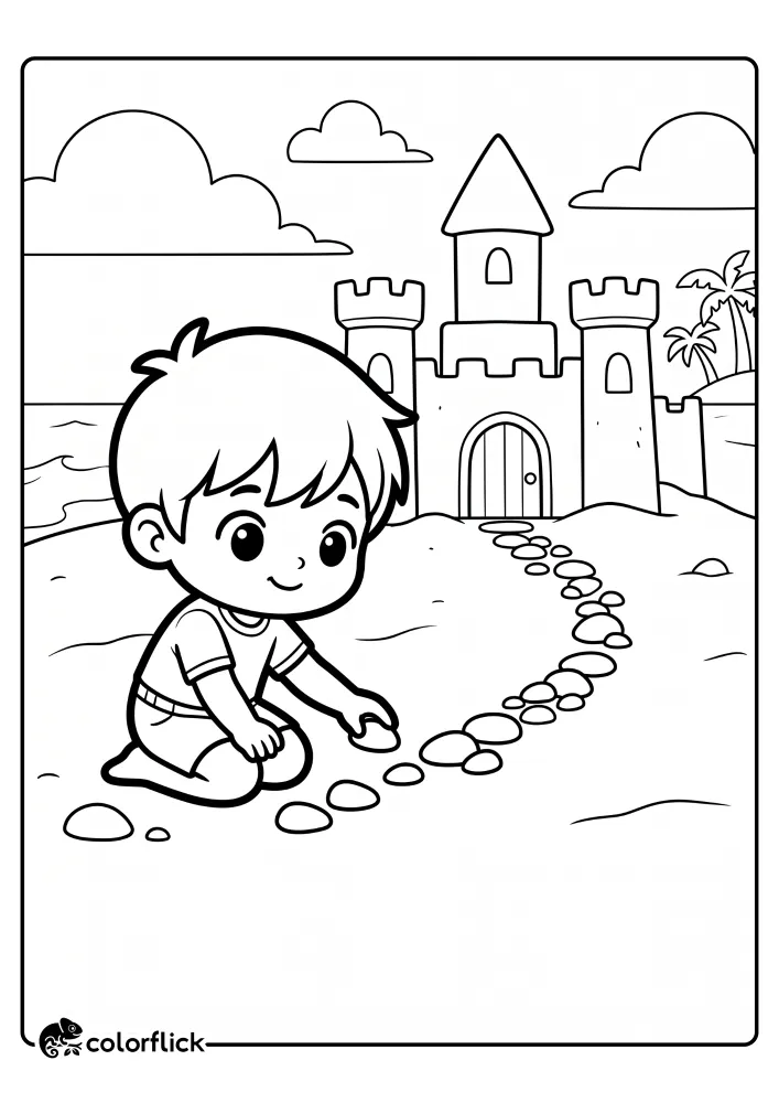 A printable coloring page for kids featuring a young boy kneeling on the beach and carefully placing smooth stones to build a winding path to a large sandcastle.