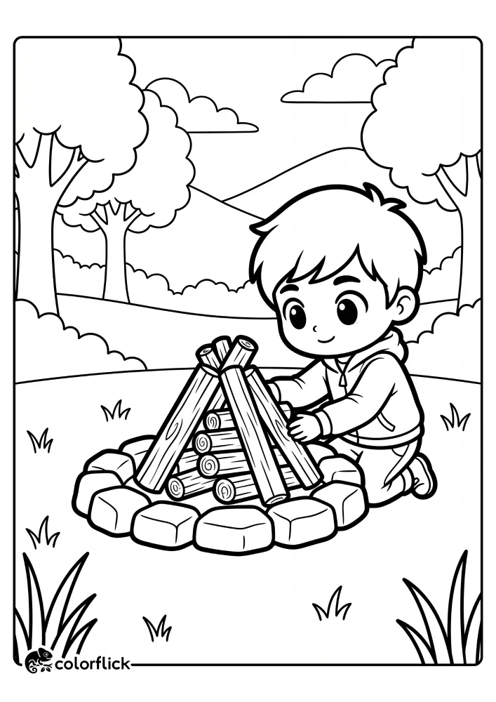 A printable coloring page for kids showing a young boy kneeling in a forest to arrange wood logs into a pyramid shape inside a stone fire pit.