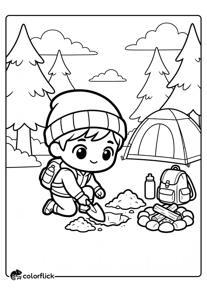 A free printable coloring sheet showing a young boy camper using a hand trowel to dig dirt next to a campfire ring and a tent in the forest.