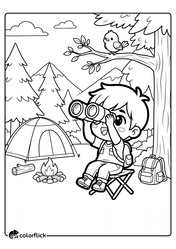 A printable coloring page for kids showing a young boy with a backpack and binoculars sitting on a camp stool, birdwatching. The scene includes a tent, campfire, mountains, and a bird in a tree.