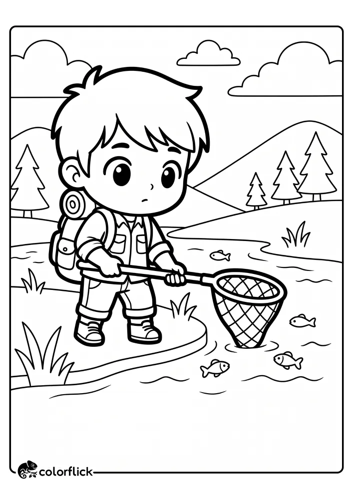 A free printable coloring sheet for kids showing a young boy explorer with a backpack standing on a grassy riverbank, using a net to catch small fish swimming in the water.