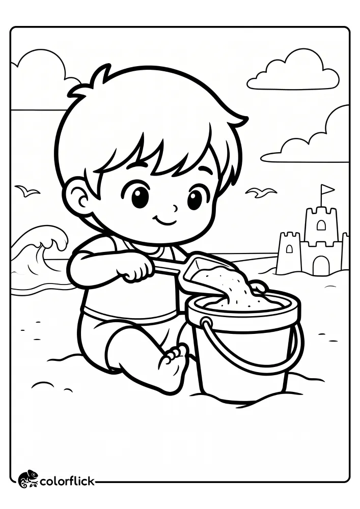 A printable coloring page for kids showing a smiling young boy sitting on the beach sand, actively filling a large bucket with sand using a wide shovel, with a sandcastle and ocean waves in the background.