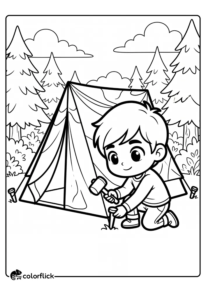 A printable coloring page for kids showing a cute boy kneeling in a forest clearing and using a wooden mallet to hammer a stake to set up a tent.