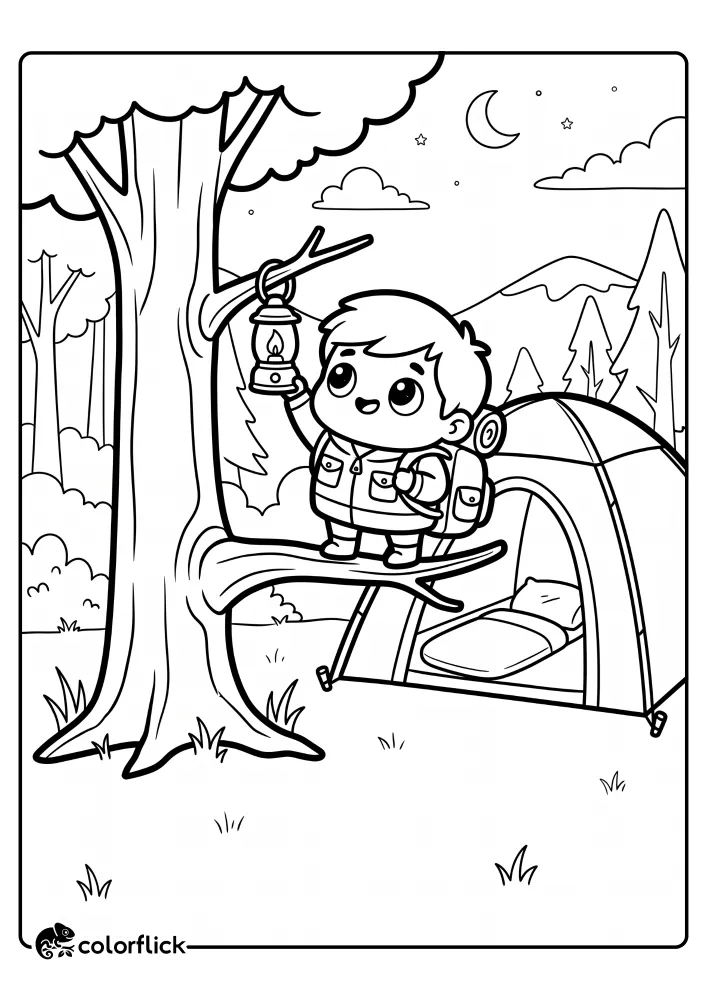 A printable coloring page for kids showing a young boy with a backpack standing on a thick tree branch to hang a glowing lantern near his tent under a starry night sky.