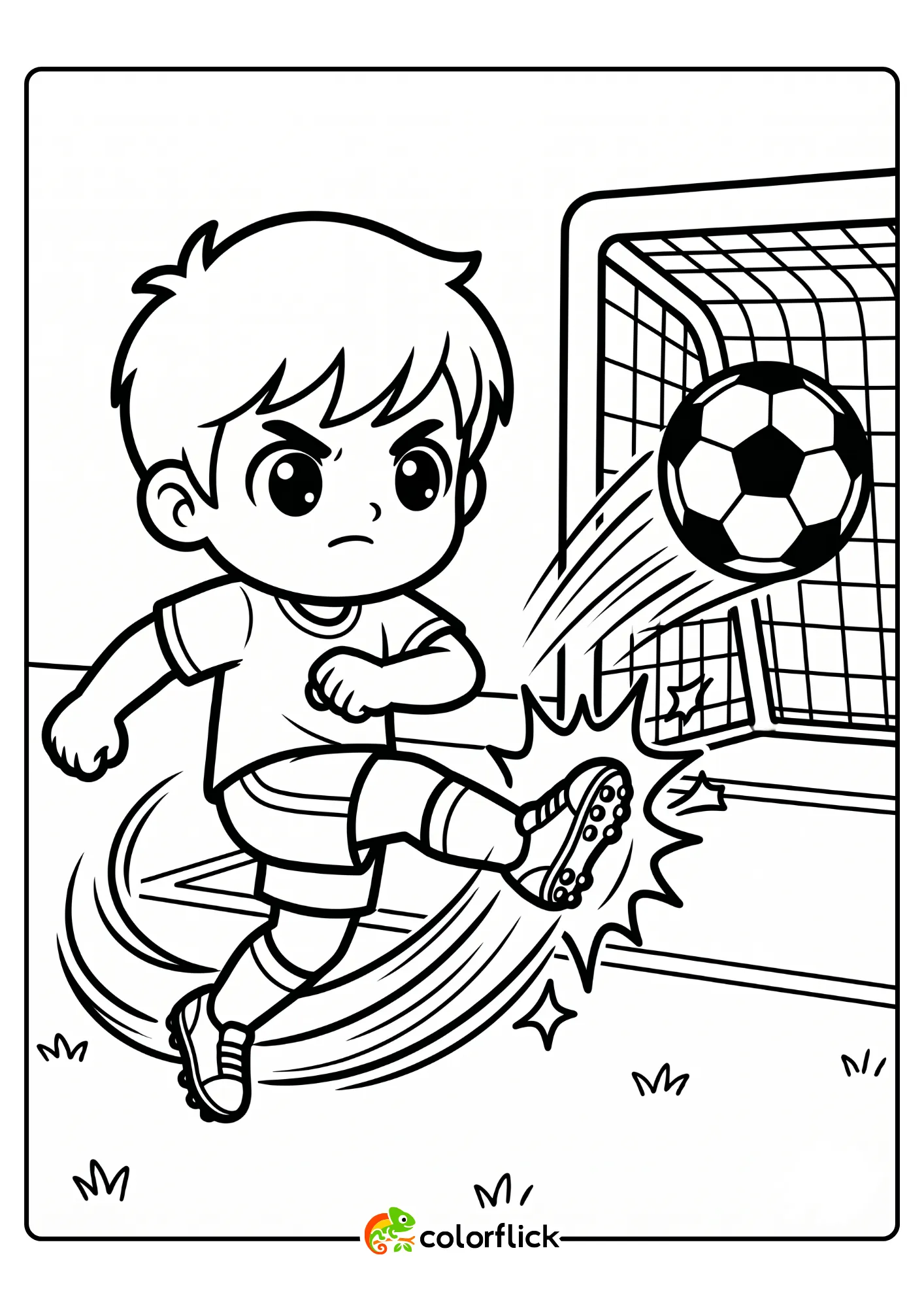 A detailed line art illustration of a young boy with a determined expression kicking a football with action lines on a grassy field with a goal net, a printable coloring page for kids.