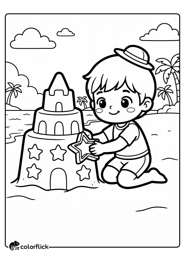 A printable coloring page for kids showing a cheerful boy kneeling on the beach sand, pressing a star-shaped mold into a large sandcastle, with palm trees and ocean waves in the background.
