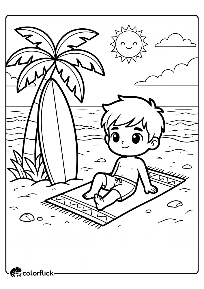A young boy resting on a striped beach towel next to an upright surfboard and a tall palm tree on a sunny beach, printable coloring page for kids.