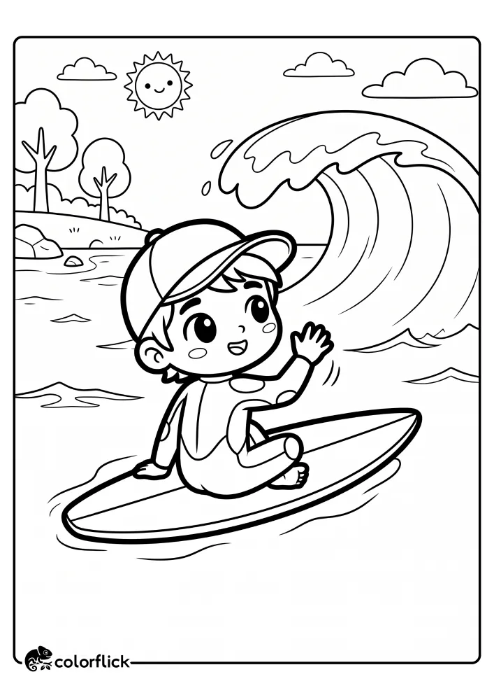 A young boy in a wetsuit and cap sitting on a surfboard in the ocean waving, with a large wave and shoreline in the background, printable coloring page for kids.