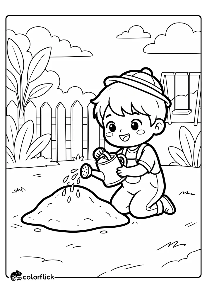 A fun printable coloring page for kids depicting a young boy in overalls and a hat kneeling on the grass and pouring water from a watering can onto a sandpile in a park setting.