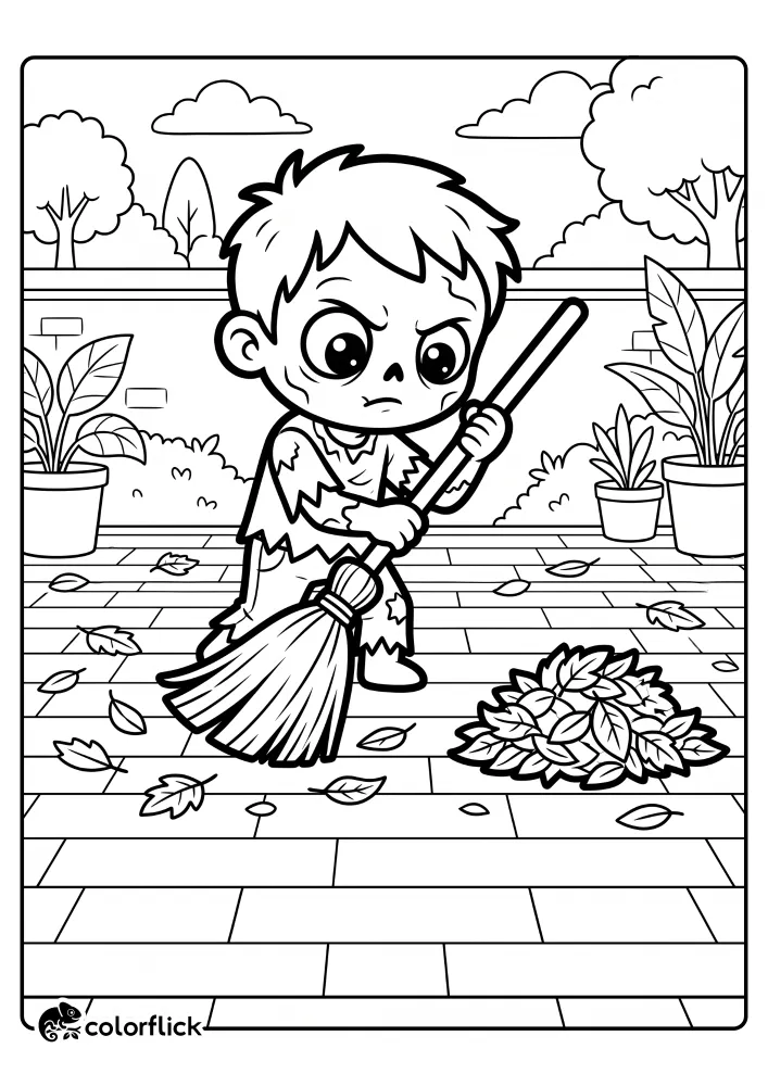 A black and white line art free printable coloring sheet featuring a focused young zombie using a large straw broom to sweep fallen leaves into a pile on a brick patio.