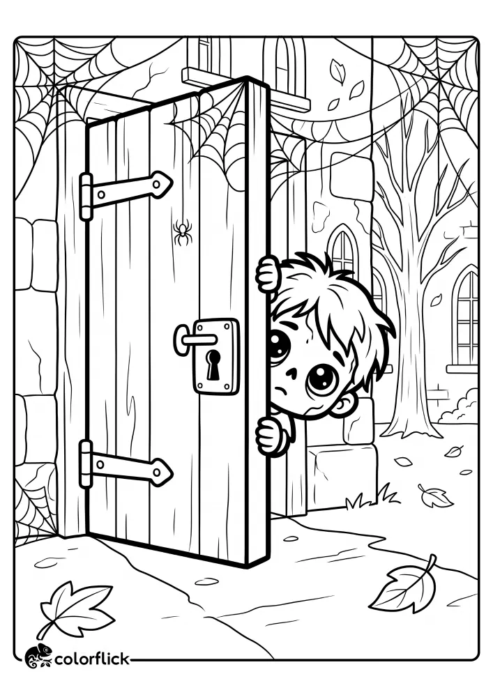 A black and white line art free printable coloring sheet featuring a curious young zombie peeking out from behind a heavy wooden door of an old mansion surrounded by large spider webs.