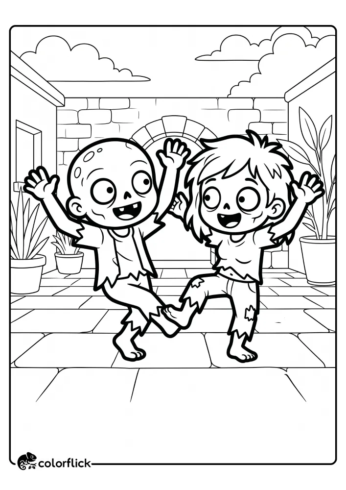 Two happy cartoon zombies dancing and kicking their legs in a courtyard with potted plants and an archway, presented as a printable coloring page for kids.