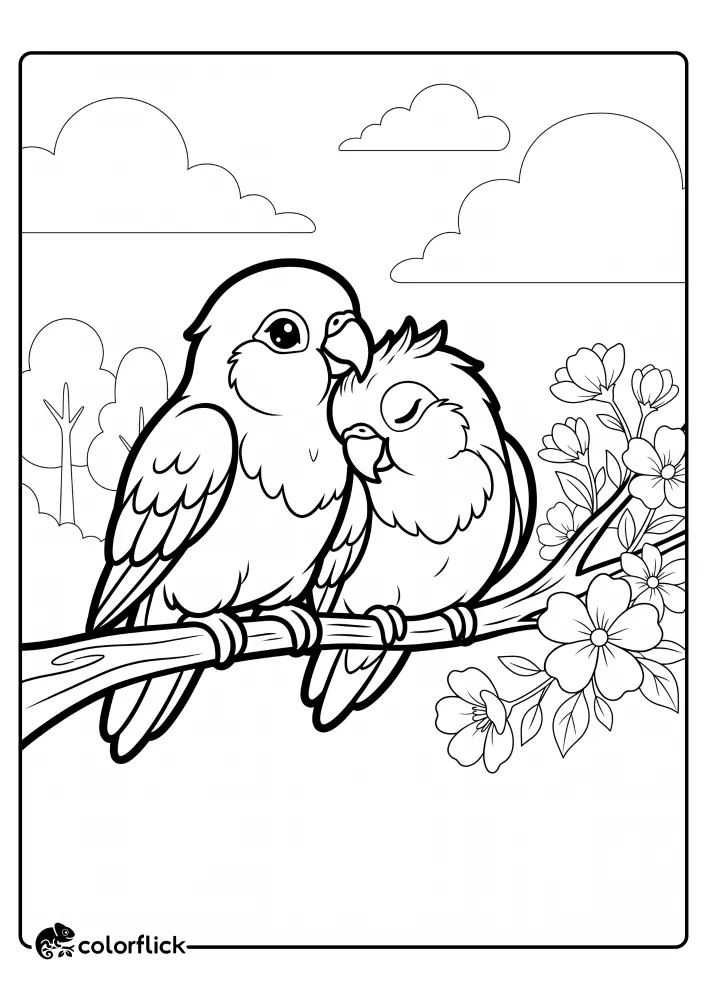 A cute lovebirds preening each other printable coloring page for kids, showing one bird grooming the head of its companion on a branch with flowers and clouds in the background.
