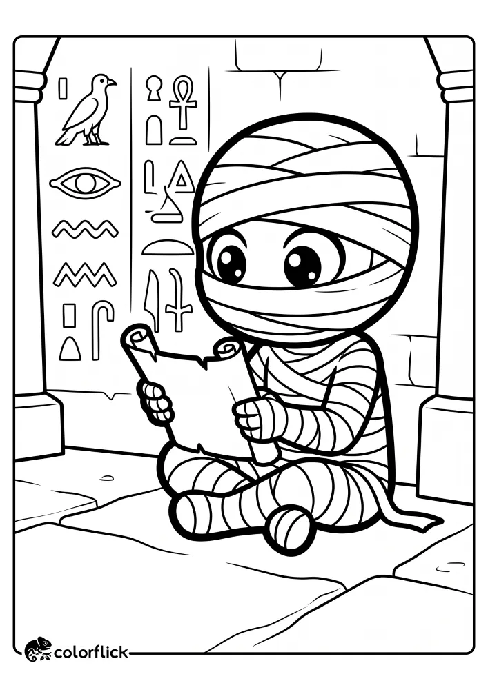 A cute cartoon mummy wrapped in bandages sits on a stone floor reading an ancient papyrus scroll while surrounded by Egyptian hieroglyphs on the wall, in this printable coloring page for kids.
