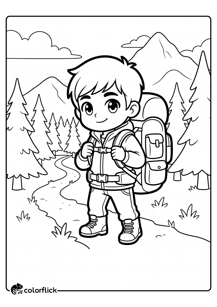 A descriptive black and white illustration showing a young hiker boy with a large backpack adjusting his straps on a winding trail through a pine forest with mountains, providing a printable coloring page for kids.