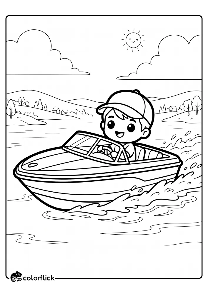 A cheerful young boy wearing a cap smiles as he drives a fast motorboat on a lake, creating water splashes with hills and a sun in the background, a free printable coloring sheet for kids.