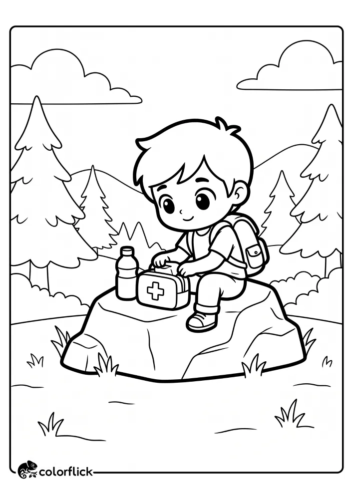 A descriptive black and white line art illustration showing a cute young boy with a backpack sitting on a large rock in a forest, organizing a first-aid kit next to a water bottle on a printable coloring page for kids.