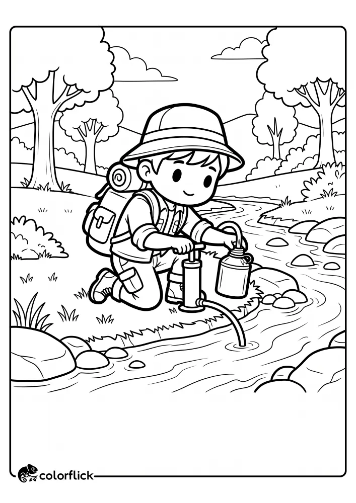 A cute boy with a backpack and hat uses a hand-pump water filter to fill a canteen from a stream, a printable coloring page for kids.