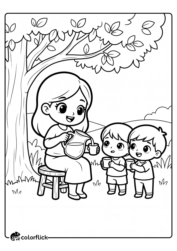 A cheerful mother pouring lemonade from a glass pitcher into small cups for two eager children under a large tree in this printable coloring page for kids.