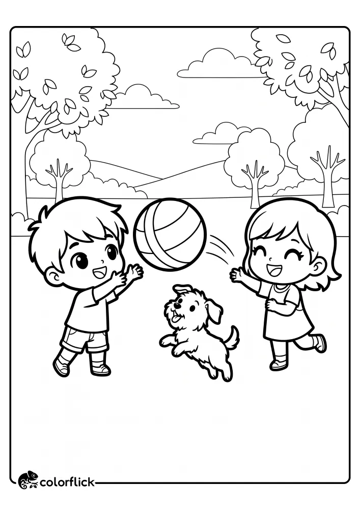 A simple printable coloring page for kids showing a smiling young boy and girl tossing a large striped ball to each other on a grassy field while a small dog jumps up to join in, set against a simple park background with trees and hills.