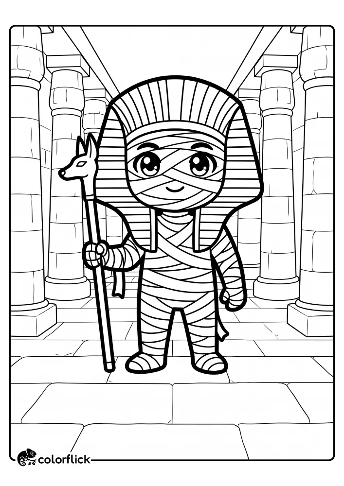A simple, printable coloring page for kids featuring a cute mummy character with large eyes and a pharaoh's headdress holding an Ankh staff. The mummy stands between tall stone pillars in an ancient Egyptian temple.
