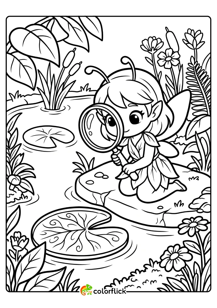 A curious fairy uses a magnifying glass to study a lily pad by a pond in this printable coloring page for kids.