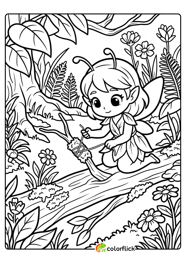 A kind fairy wraps a moss bandage around a bent twig on a tree branch in this printable coloring page for kids.