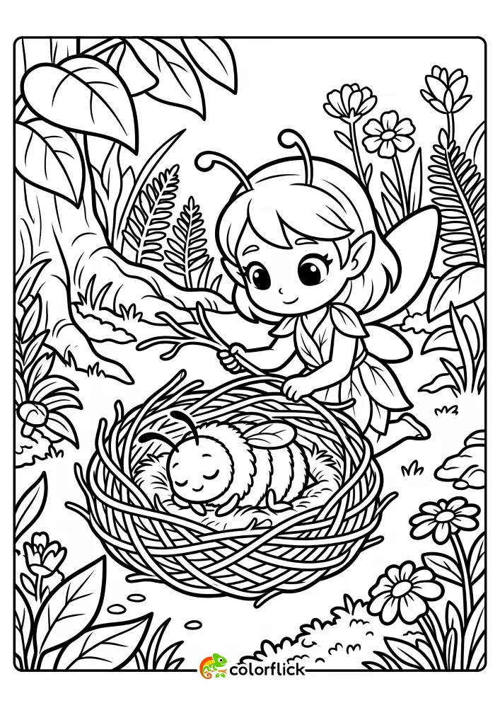 A sweet fairy builds a cozy willow nest for a sleeping bumblebee in this printable coloring page for kids.