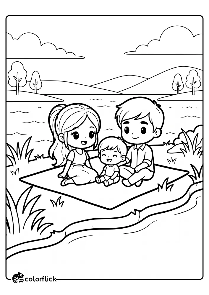 A cute printable coloring page for kids featuring a family of three enjoying a picnic on a blanket by a calm lake with mountains and trees in the background.