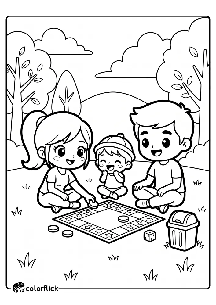 A cute free printable coloring sheet featuring a happy family sitting on the grass and playing a fun board game together during a sunny outdoor picnic.