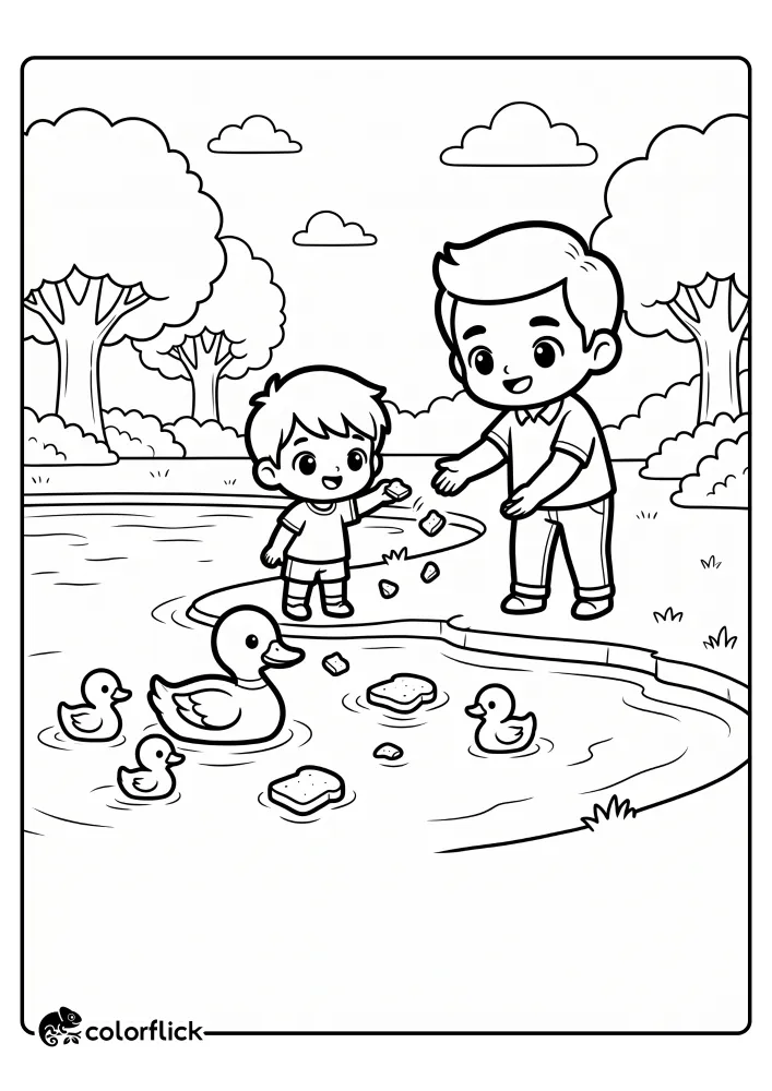 A printable coloring page for kids showing a smiling father and son standing on a pond bank tossing small bread pieces to a family of ducks swimming in the water.