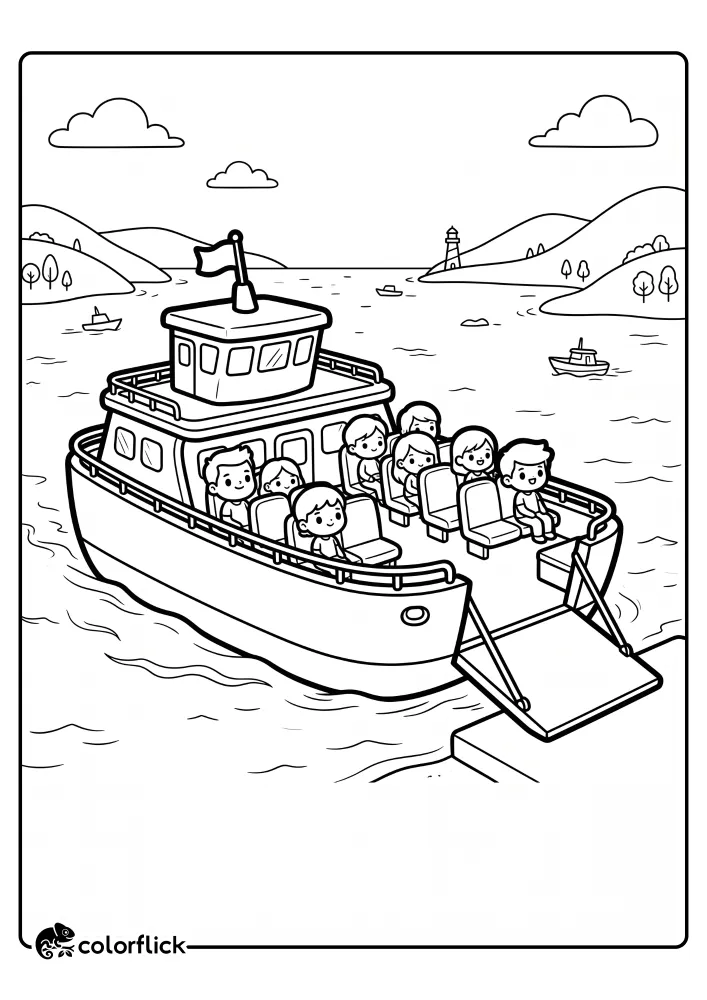A ferry boat carrying happy passengers on its deck with its rear ramp lowered onto a dock, surrounded by hills and water, a free printable coloring sheet for kids.