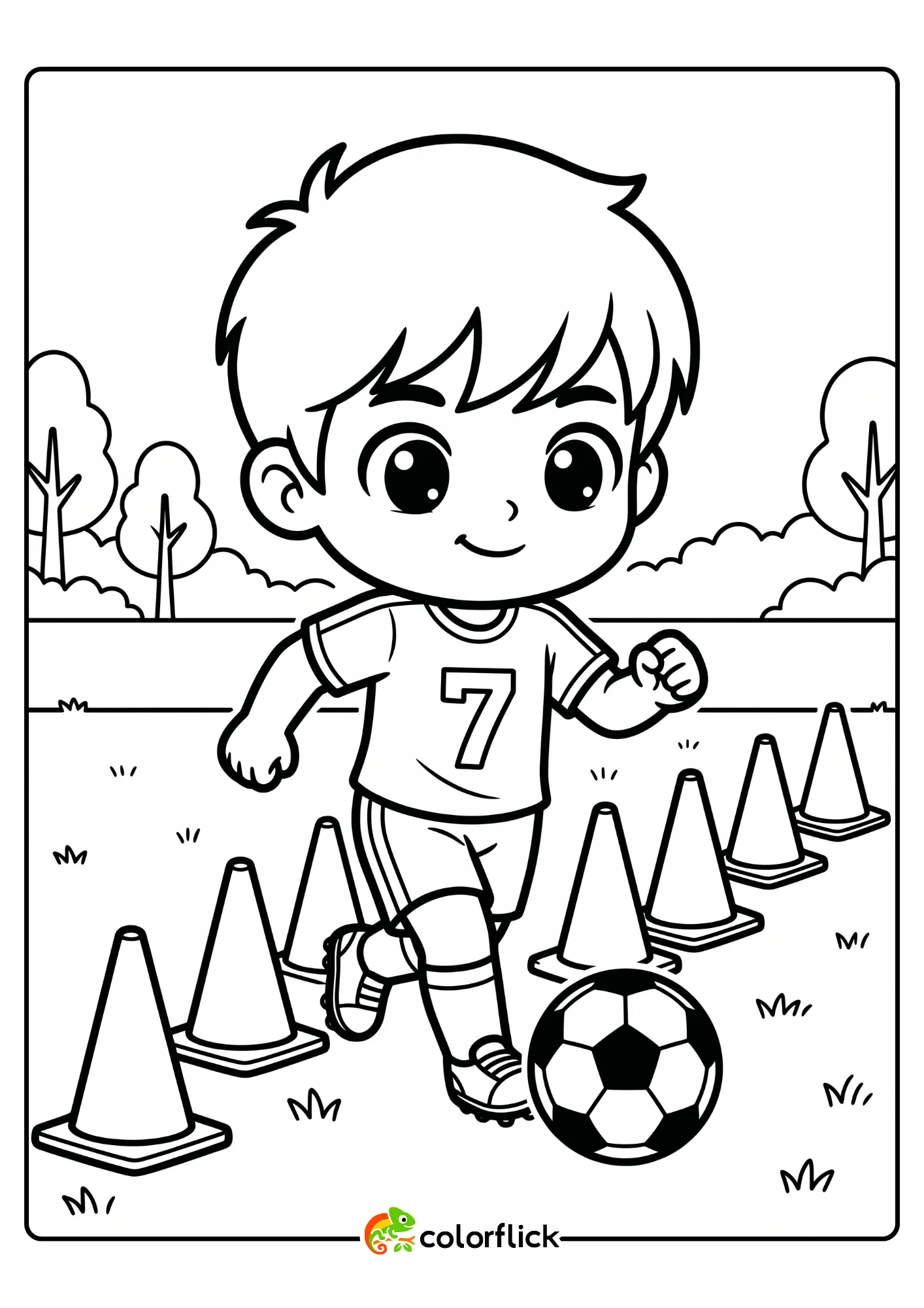 A bold-line cartoon illustration of a young football player in a jersey running and dribbling a ball through orange training cones on a field, a printable coloring page for kids.