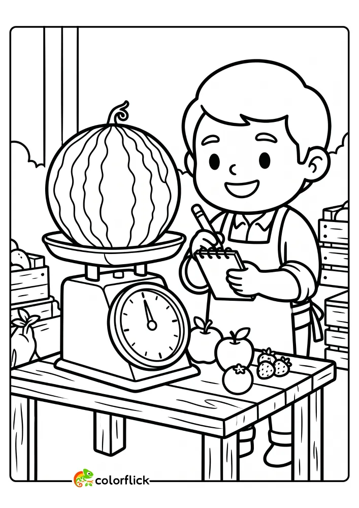 A detailed black and white line art drawing of a friendly vendor smiling and writing on a notepad, standing next to a large watermelon being weighed on a mechanical scale at a farm stand. A fun and educational printable coloring page for kids.