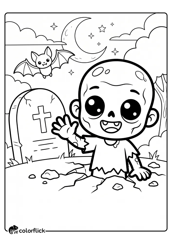 A friendly cartoon zombie character smiling and waving as it emerges from the ground in a graveyard next to a tombstone and a flying bat, presented as a printable coloring page for kids.