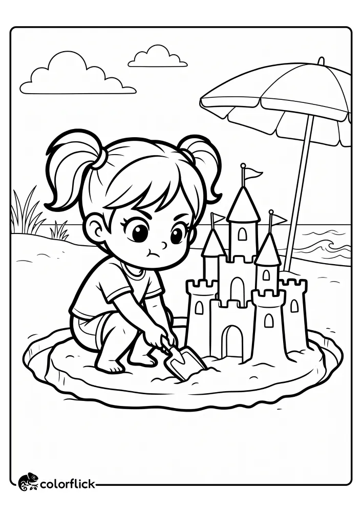 A black and white printable coloring page for kids showing a focused little girl using a spade to dig a circular moat around a tall sandcastle on the beach.