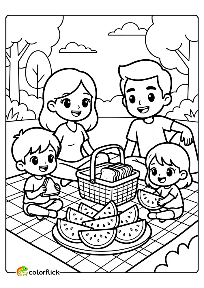 A happy family of four enjoys an outdoor picnic on a checkered blanket with a basket and a large platter of watermelon slices, rendered in bold black and white line art. A fun printable coloring page for kids.