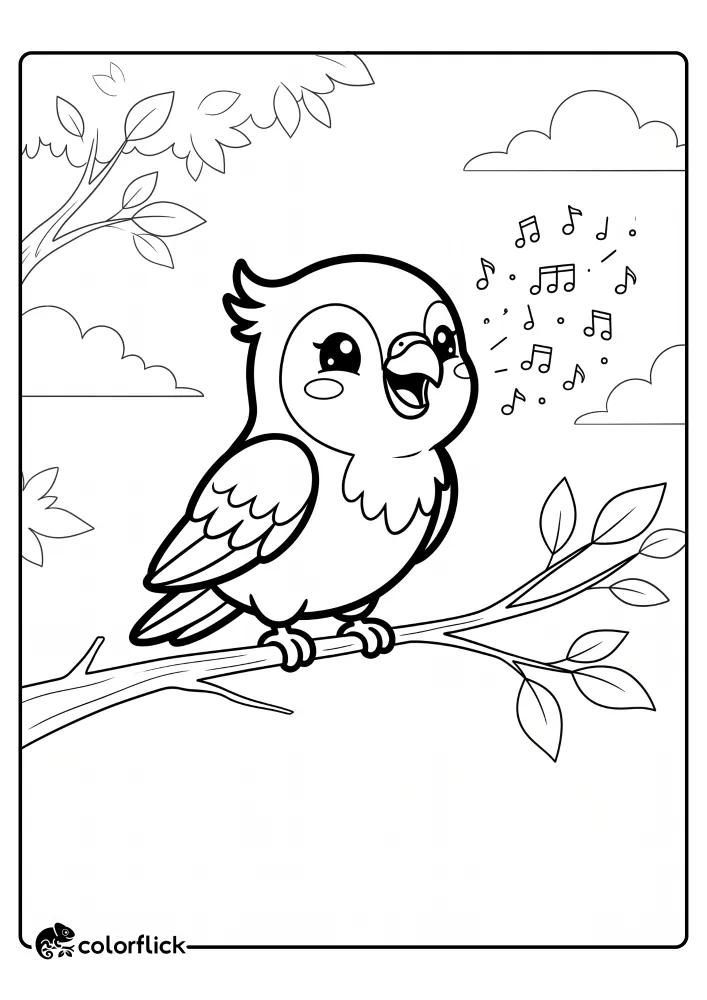 A free printable coloring sheet for kids depicting a happy, singing parrot with an open beak, perched playfully on a branch with floating musical notes and background clouds.