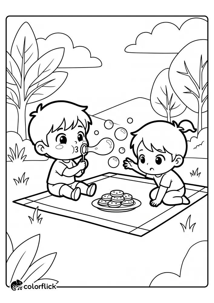 A printable coloring page for kids showing a boy blowing bubbles while sitting on a picnic blanket, and a girl reaching out to pop them.