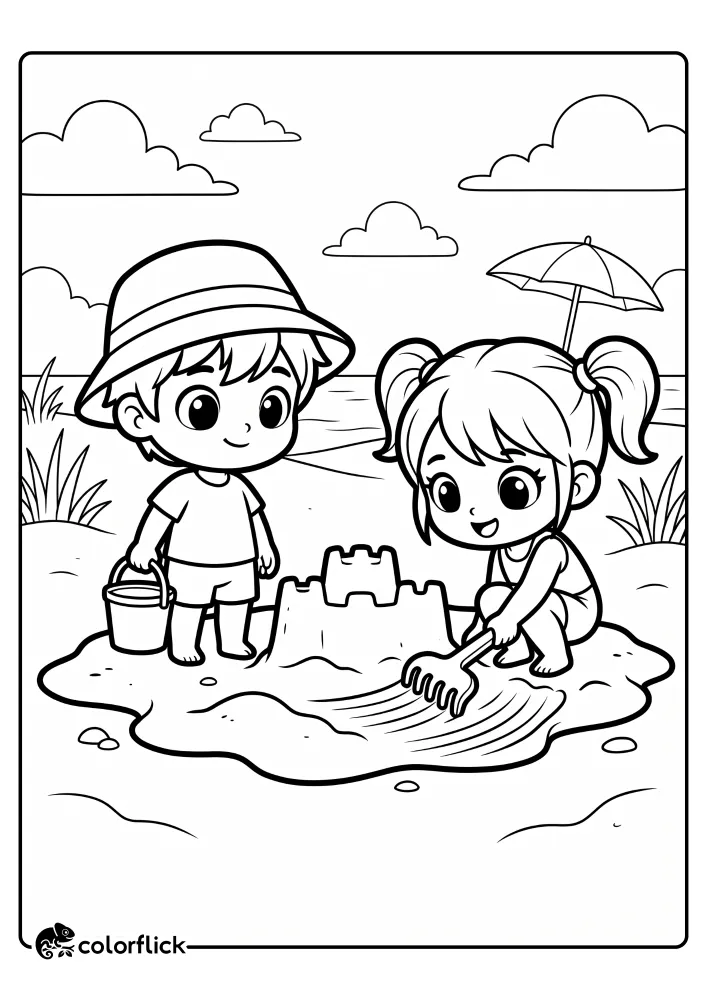 A free printable coloring sheet showing a young boy holding a bucket and a girl using a plastic rake to smooth the sand while working together to build a sandcastle.