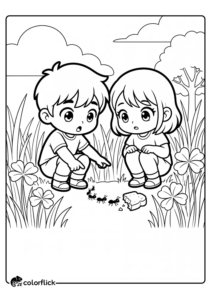 A printable coloring page for kids showing a young boy and girl crouching in the grass to watch a line of ants marching towards a piece of bread on the ground.