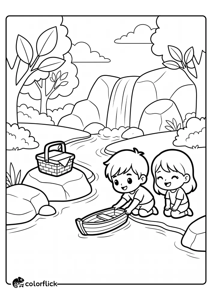 A fun free printable coloring sheet featuring two kids playing with a small wooden boat in a stream near a waterfall and a picnic basket on a rock.