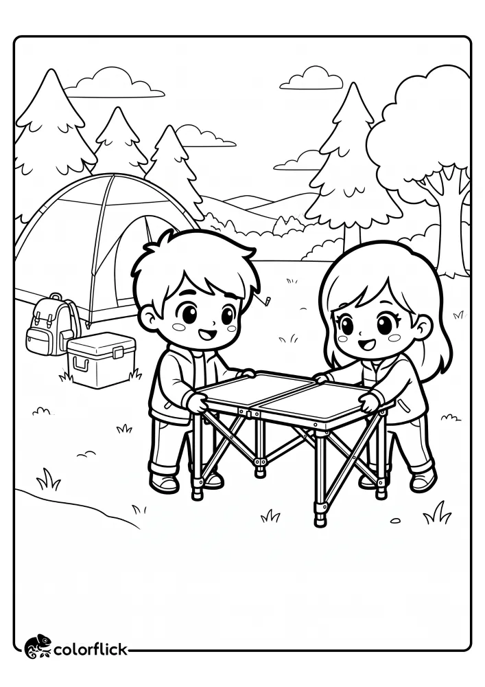 A printable coloring page for kids showing a young boy and girl working together to unfold a camping table in front of their tent and cooler.