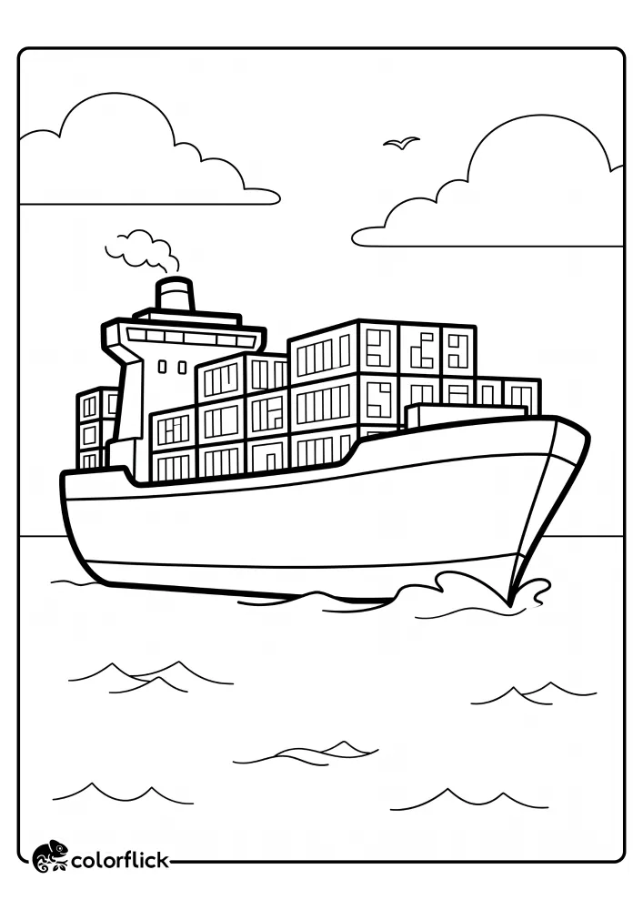 A printable coloring page for kids showing a large cargo ship sailing on the sea with many containers on its deck.