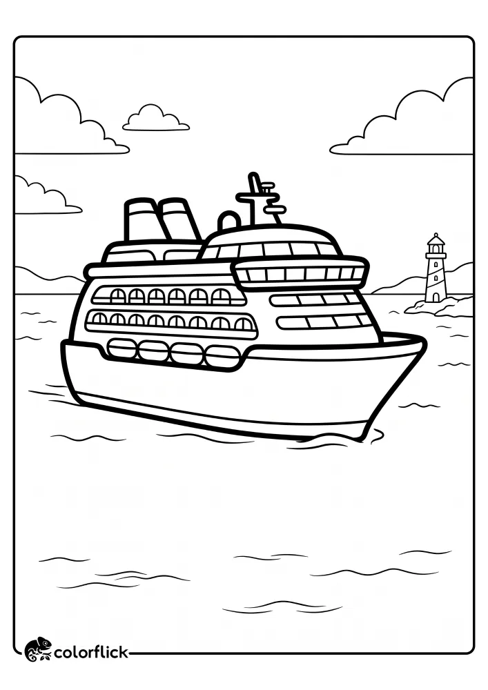 A large cruise ship with multiple decks sailing on the ocean past a distant lighthouse and clouds, a free printable coloring sheet for kids.