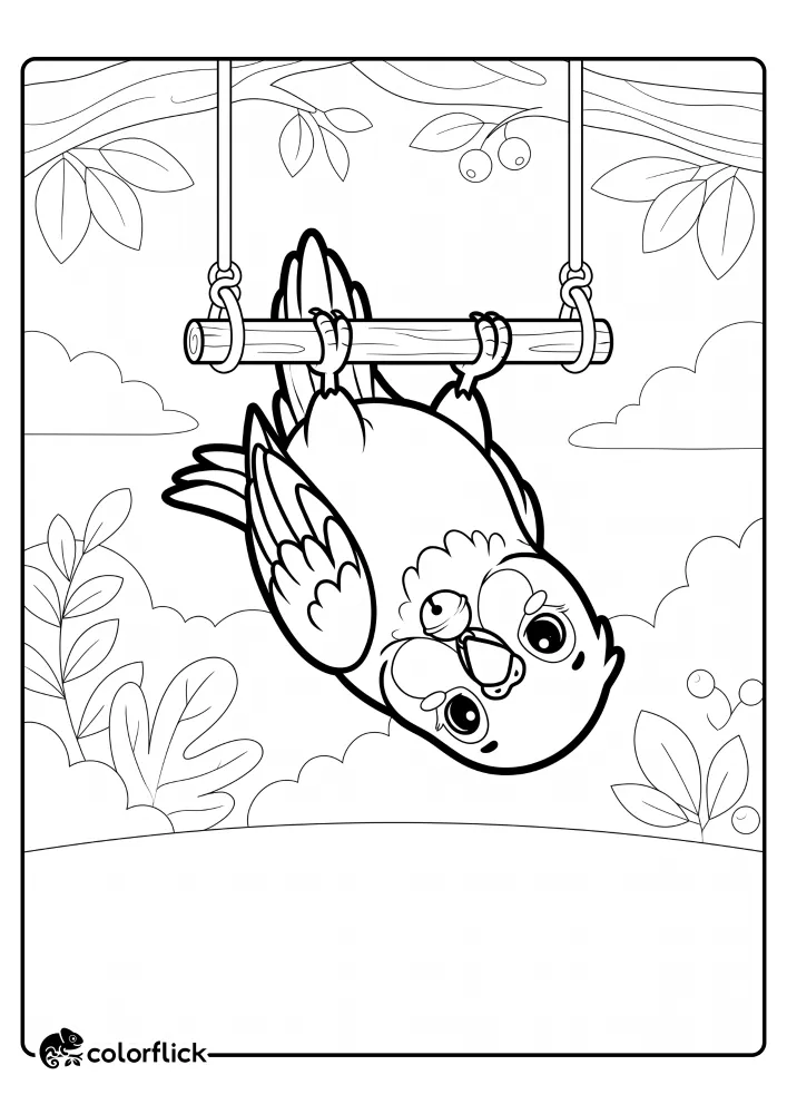 A printable coloring page for kids showing a cute lovebird parrot hanging upside-down on a wooden swing with a small bell in its beak, surrounded by leaves and clouds.