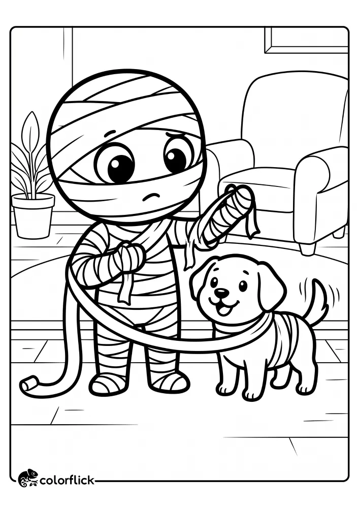 A free printable coloring sheet showing a cute mummy accidentally wrapping its loose bandage around a happy, tail-wagging dog in a living room.